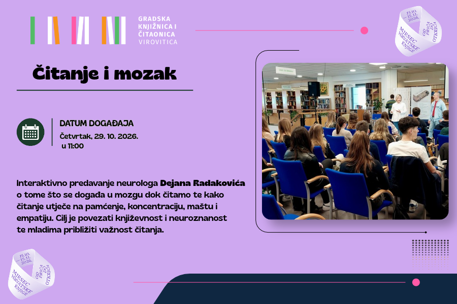Čitanje i mozak – interaktivno predavanje, u četvrtak 29. 10. u 11 sati