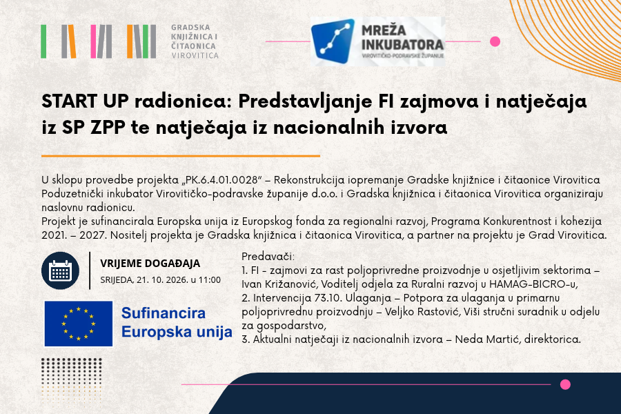 START UP radionica u sklopu EU projekta, u srijedu 21. 10. u 11 sati